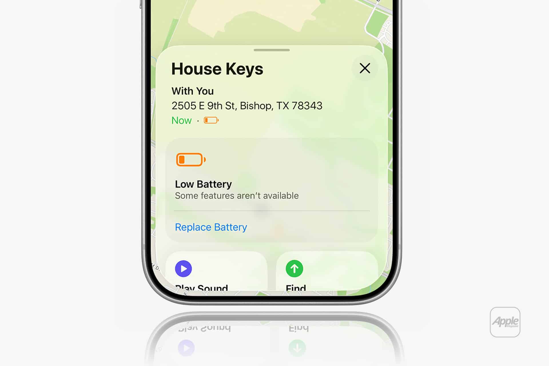 A smartphone screen displays the location of "House Keys" at 2505 E 9th St, Bishop, TX, showing an AirTag battery low warning with options to replace it or find the item. The Apple logo appears in the corner.