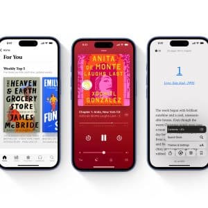 Five smartphones display different screens of a book app, including reading goals, book lists, an audiobook player, an ebook page, and a section for Black authors—seamlessly enhanced with Apple Books sync across devices like iPhone and iPad.