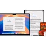 A MacBook, iPad, iPhone, Apple Watch, and AirPods are displayed together. The devices highlight seamless Apple Books sync—showing a reading app on the laptop and tablet, and “Where’s the Fire?” across the smartwatch and phone.