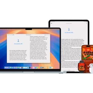 A MacBook, iPad, iPhone, Apple Watch, and AirPods are displayed together. The devices highlight seamless Apple Books sync—showing a reading app on the laptop and tablet, and “Where’s the Fire?” across the smartwatch and phone.