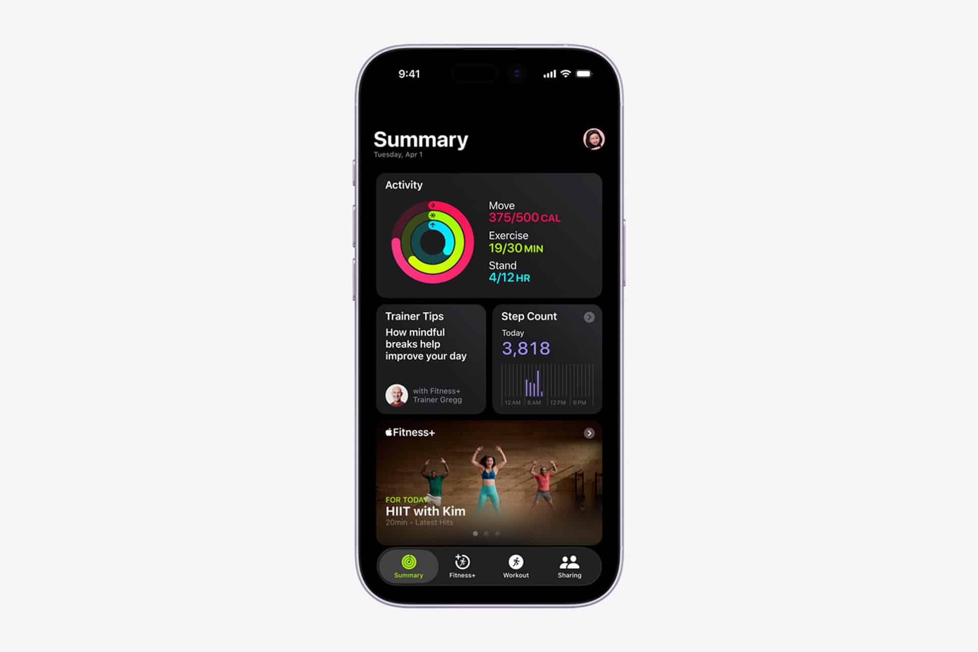 A smartphone displays a fitness summary app screen with activity rings, exercise stats, trainer tips, step count, and a workout video preview—perfect for fitness motivation and sharing progress via Apple Fitness Sharing. The background is white.