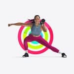 A woman in athletic wear lunges sideways while smiling, holding a dumbbell in one hand. Colorful concentric rings behind her echo the vibrant motivation of Apple Fitness Sharing, set against a plain white background.