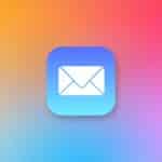 A white Mail App envelope icon on a blue gradient square, centered on a vibrant orange, pink, and blue gradient background with a small white Apple logo in the lower right corner.