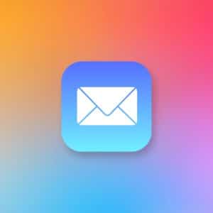 A white Mail App envelope icon on a blue gradient square, centered on a vibrant orange, pink, and blue gradient background with a small white Apple logo in the lower right corner.