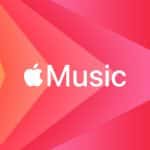 Apple Music logo with a white Apple icon and the word "Music" on a vibrant red and orange geometric background filled with triangular shapes—perfect for Apple Music discovery. The Apple logo appears again in a small rounded box in the lower right corner.