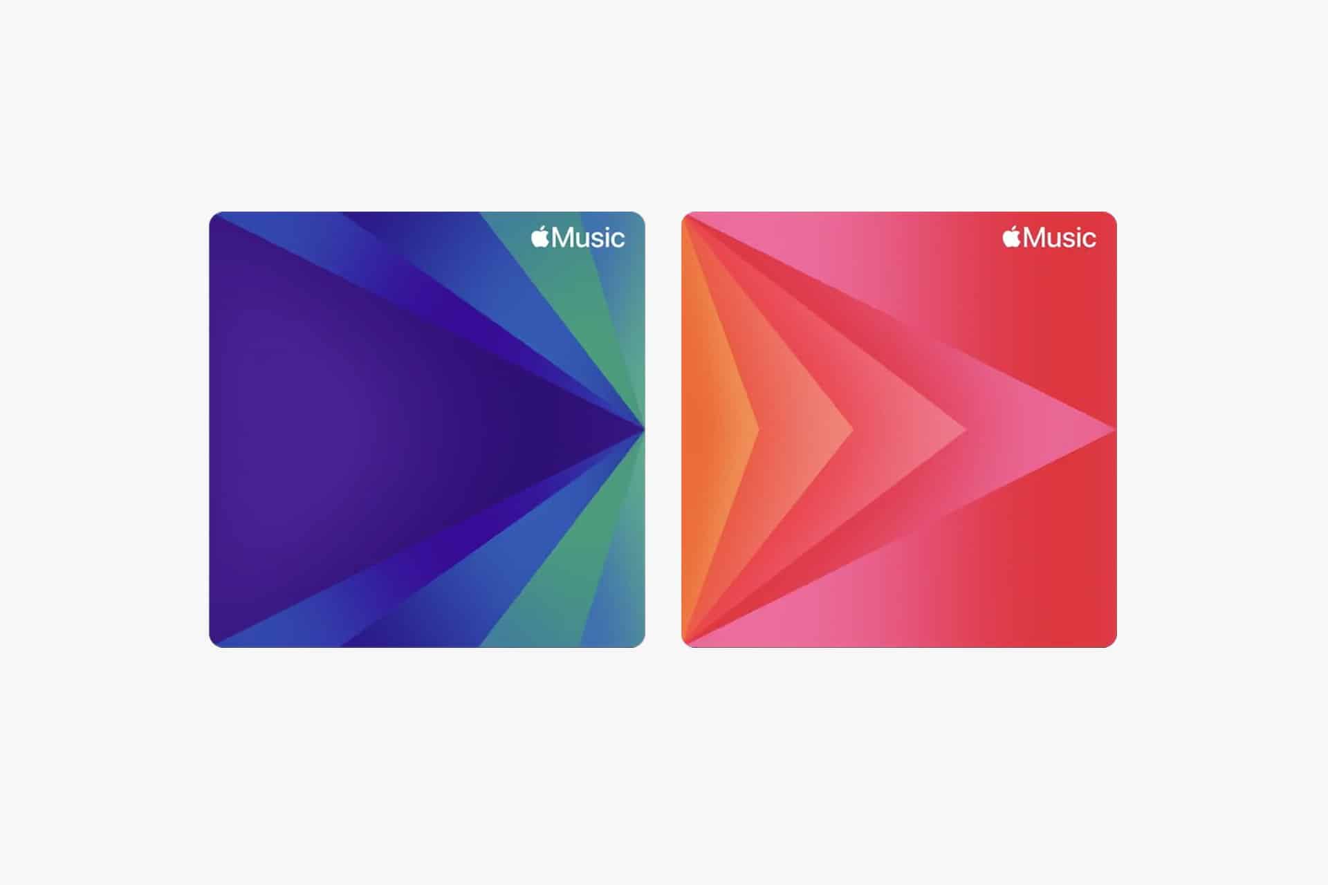 Two square icons side by side: the left features blue and green geometric triangles with the Apple Music logo, symbolizing Apple Music discovery; the right has red and pink triangles with a similar white Apple Music logo. Both have abstract, layered designs.