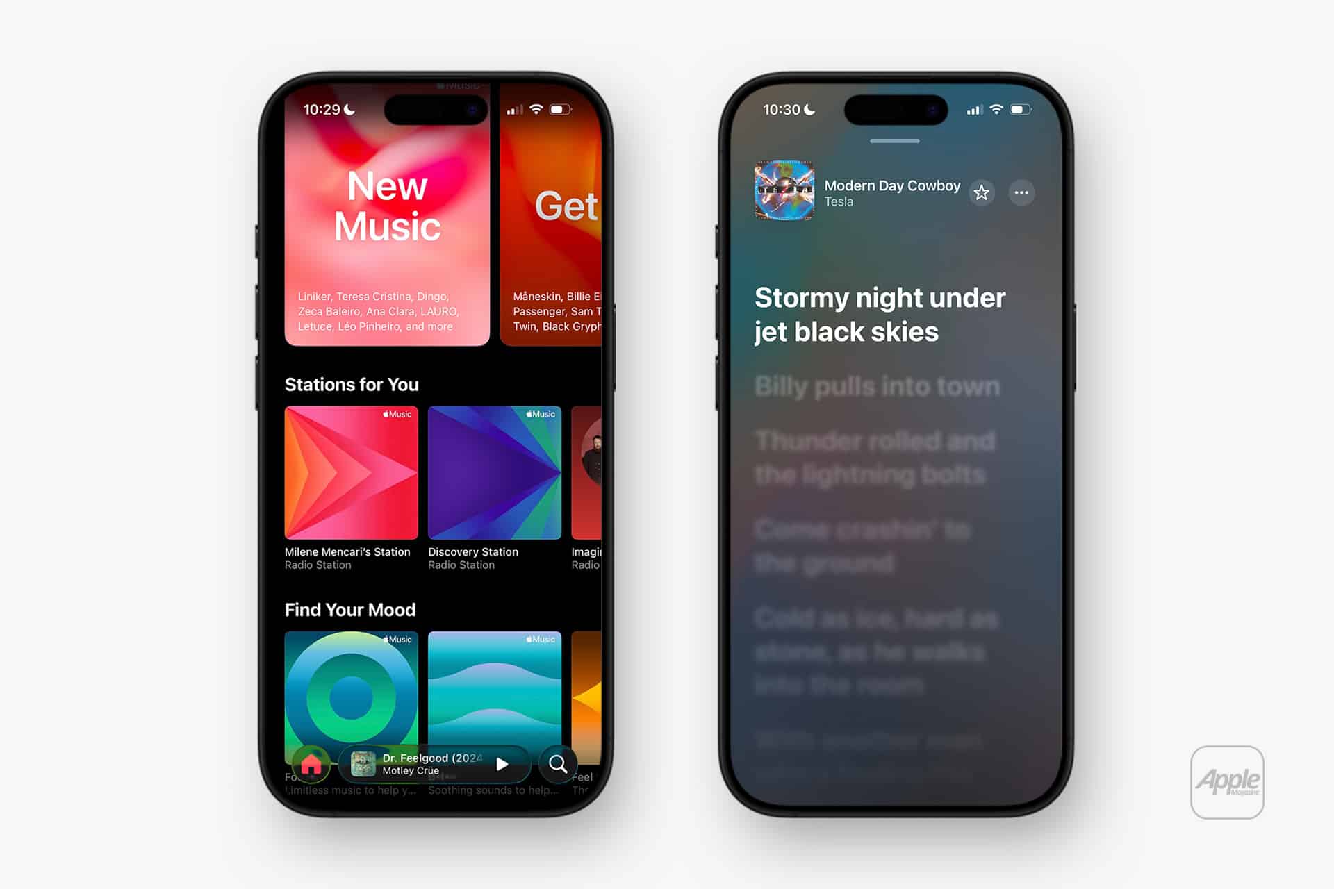 Two iPhones: the left screen features Apple Music discovery with music recommendations; the right displays song lyrics on a blurred background, both set against a white backdrop with an Apple logo in the corner.