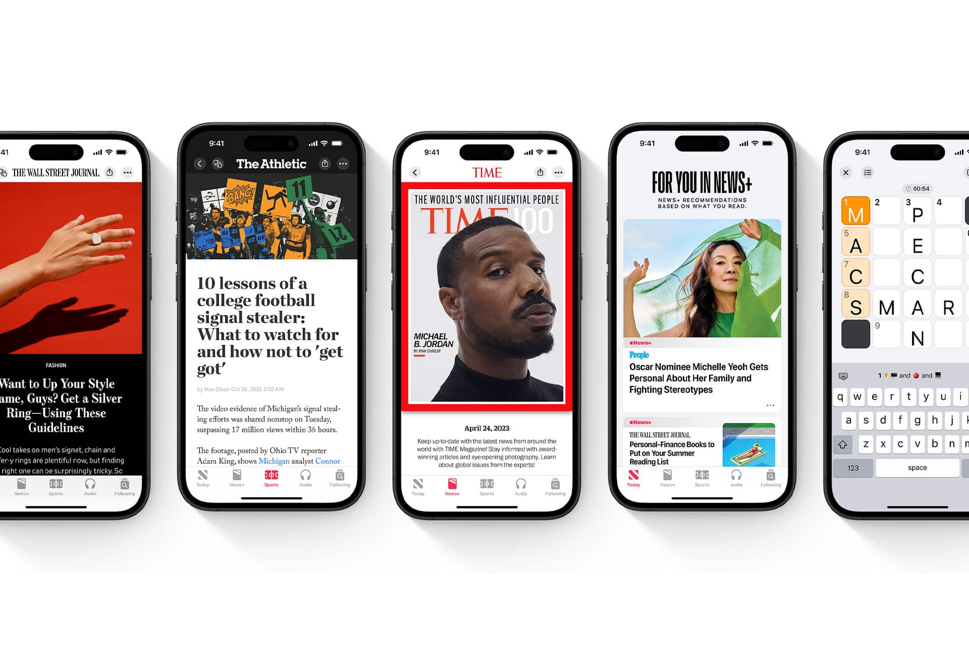 Five smartphones display diverse news articles and magazines, including The Wall Street Journal and TIME, showcasing how Apple News presents a range of content amid ongoing discussions about Apple News political bias.