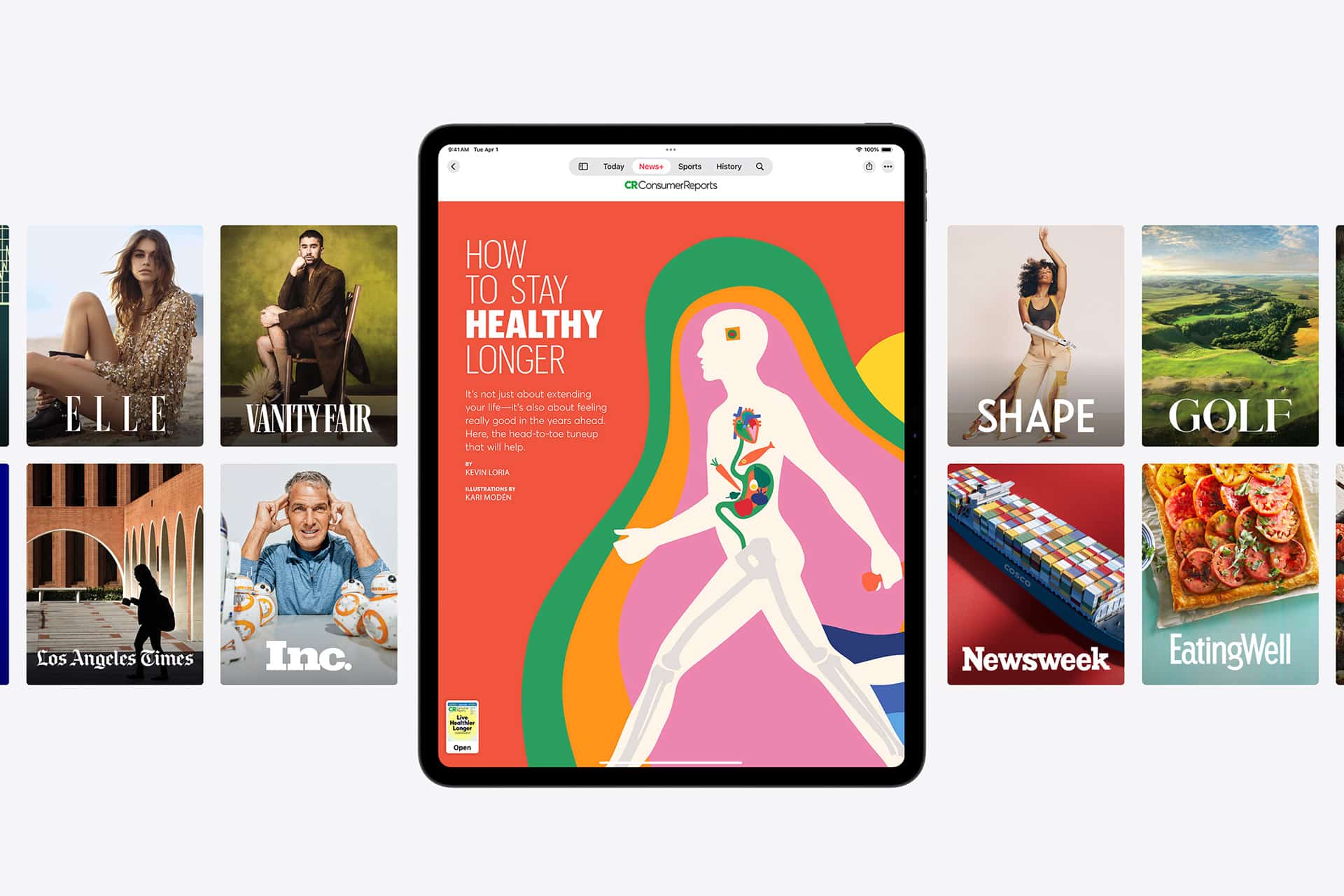 An iPad displays a colorful magazine cover titled "How to Stay Healthy Longer" via Apple News. Surrounding it are covers of magazines like Elle, Vanity Fair, Shape, Golf, Los Angeles Times, Inc., Newsweek, and EatingWell.