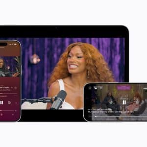 Three devices display a talk show: a smartphone and tablet show a woman with long wavy hair speaking into a microphone, while another smartphone streams the apple podcasts video of a man with long hair playing guitar in a studio setting.