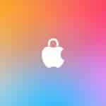 White Apple logo with a lock icon above it, symbolizing secure enclave technology, centered on a colorful gradient background of orange, yellow, pink, blue, and purple. A small white Apple logo appears in the bottom right corner inside a rounded rectangle.