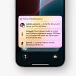 A smartphone screen displays three smart notifications: a dinner invite, an Instacart delivery update, and a message about summer interns arriving for a meeting at 10:30 a.m.