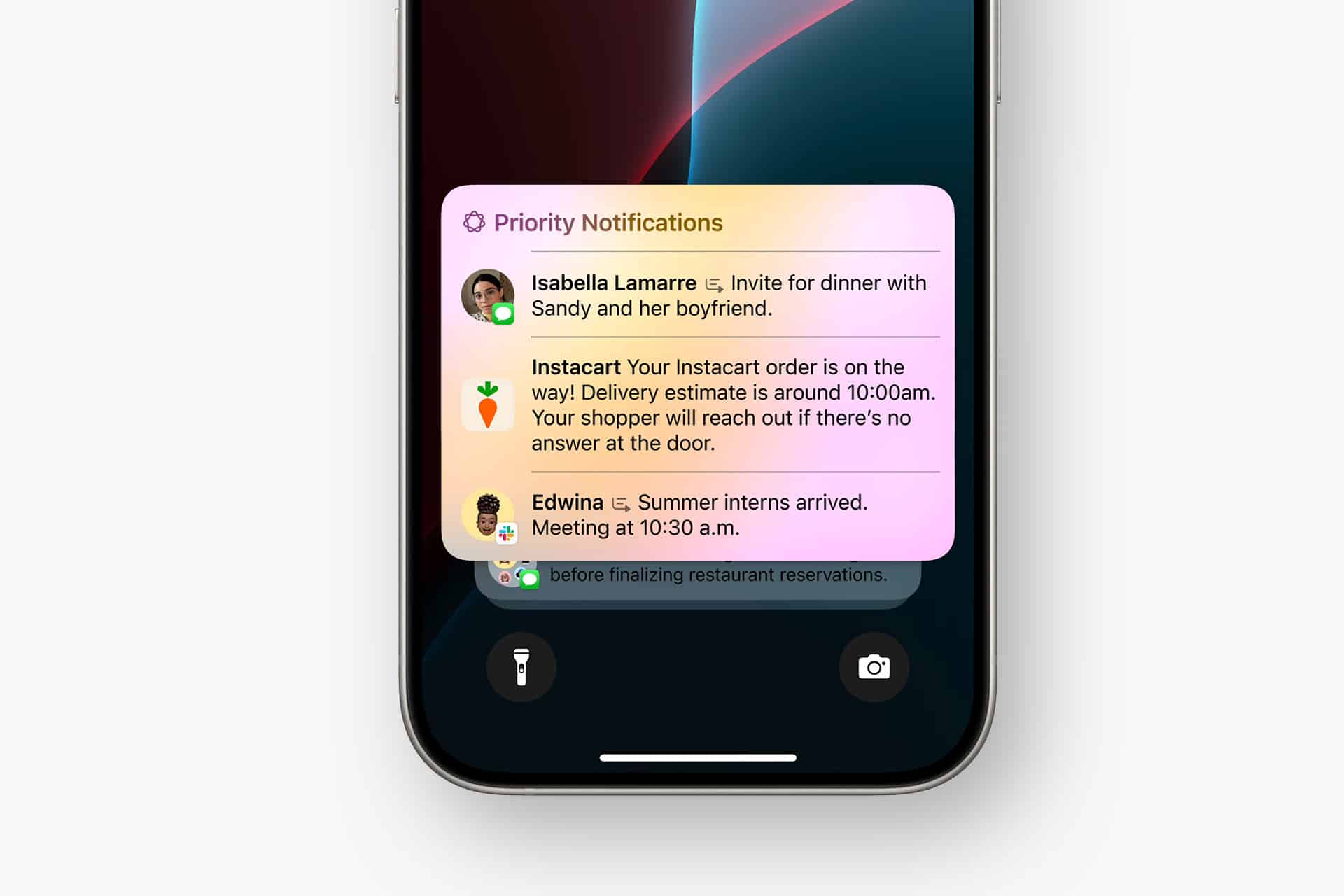 A smartphone screen displays three smart notifications: a dinner invite, an Instacart delivery update, and a message about summer interns arriving for a meeting at 10:30 a.m.
