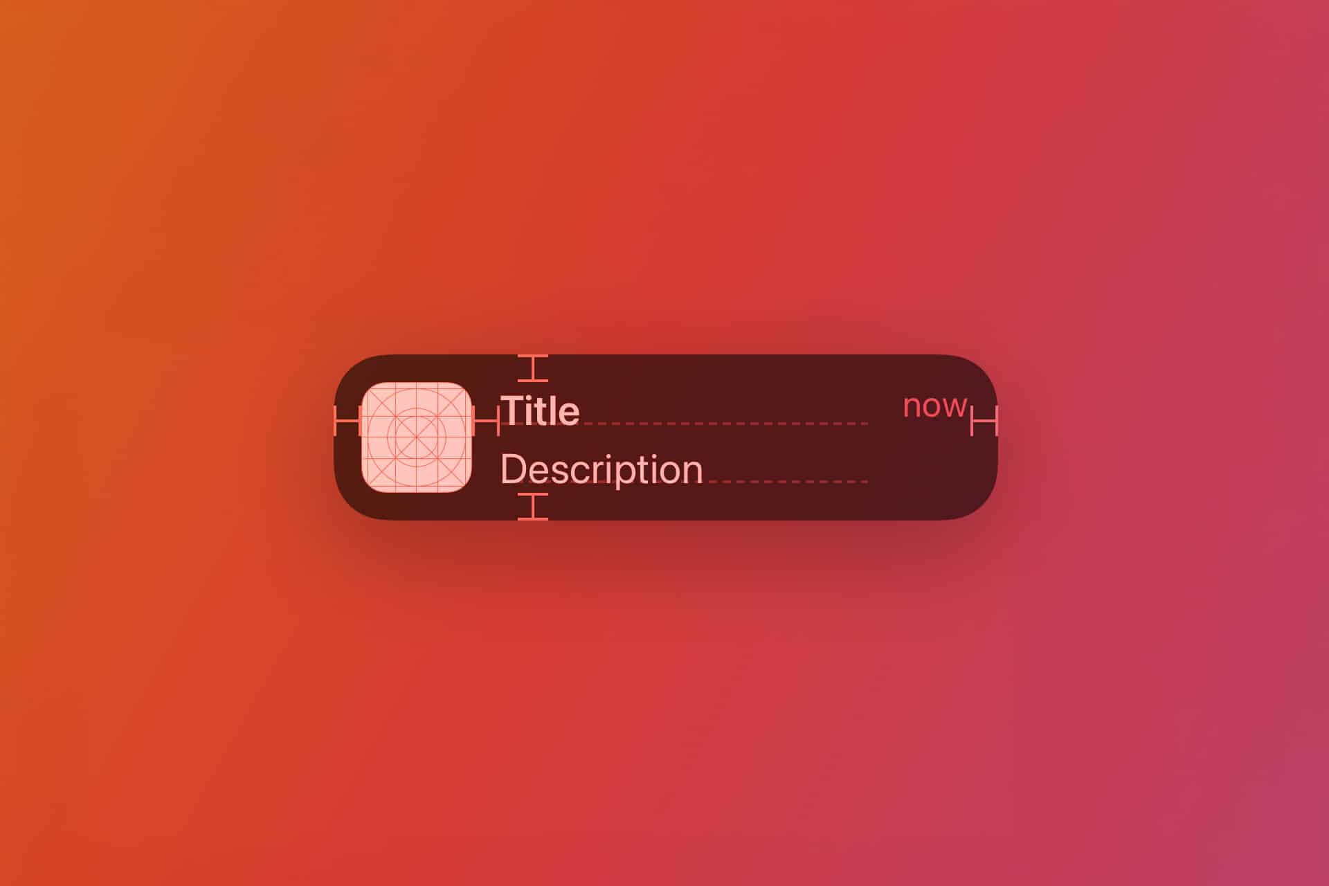 A rounded dark UI notification box for smart notifications on a red-orange gradient background, featuring a placeholder icon, "Title", "Description", and the word "now" in the top right corner.