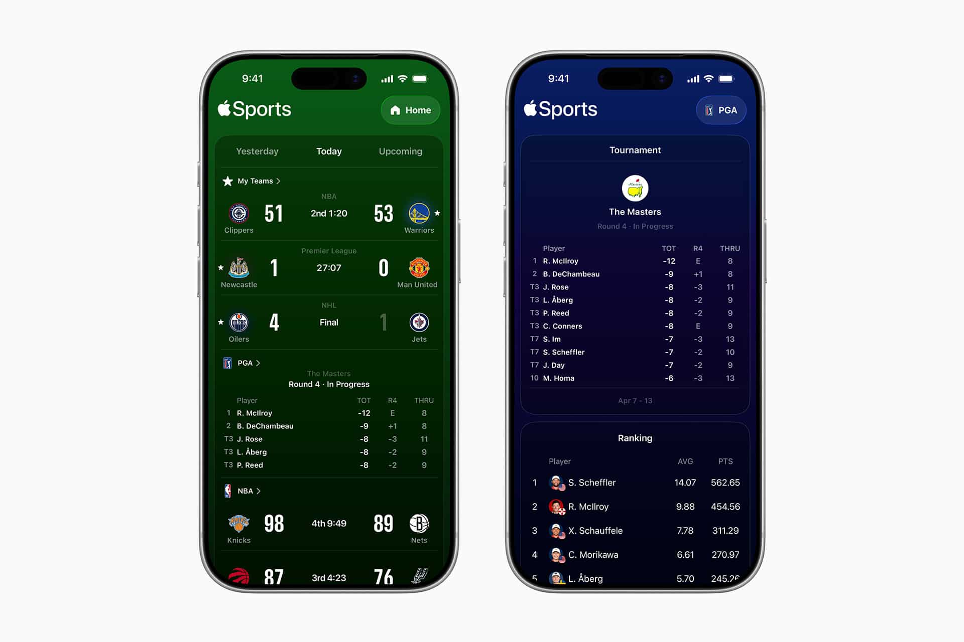 Two smartphones display the Apple Sports app. The left screen shows basketball scores and Premier League soccer results, while the right highlights golf leaderboard rankings for The Masters tournament using Apple Sports.