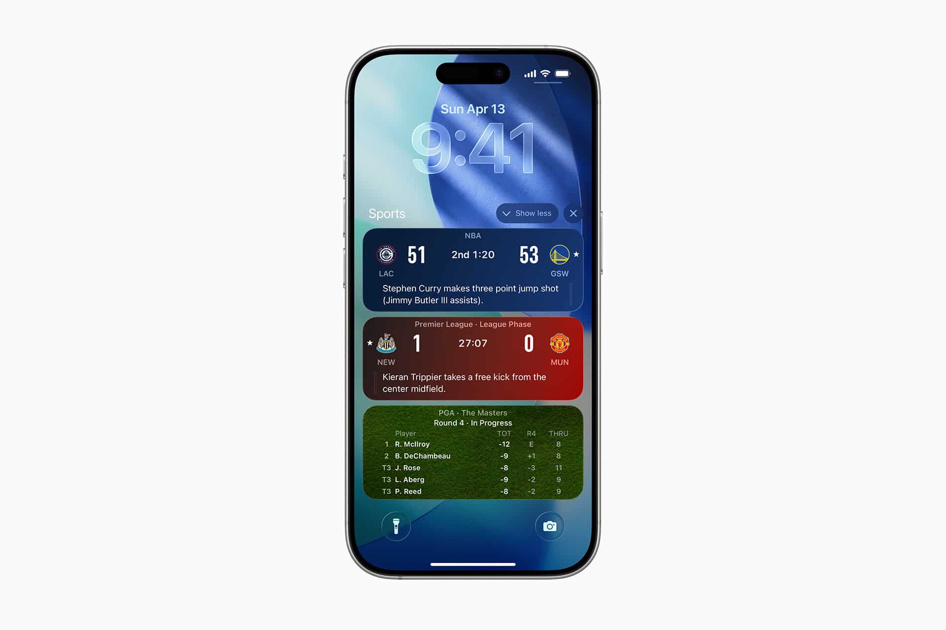 An iPhone displaying Apple Sports updates on the lock screen, including NBA scores, a soccer match between Manchester United and Manchester City, and a leaderboard for The Masters golf tournament.