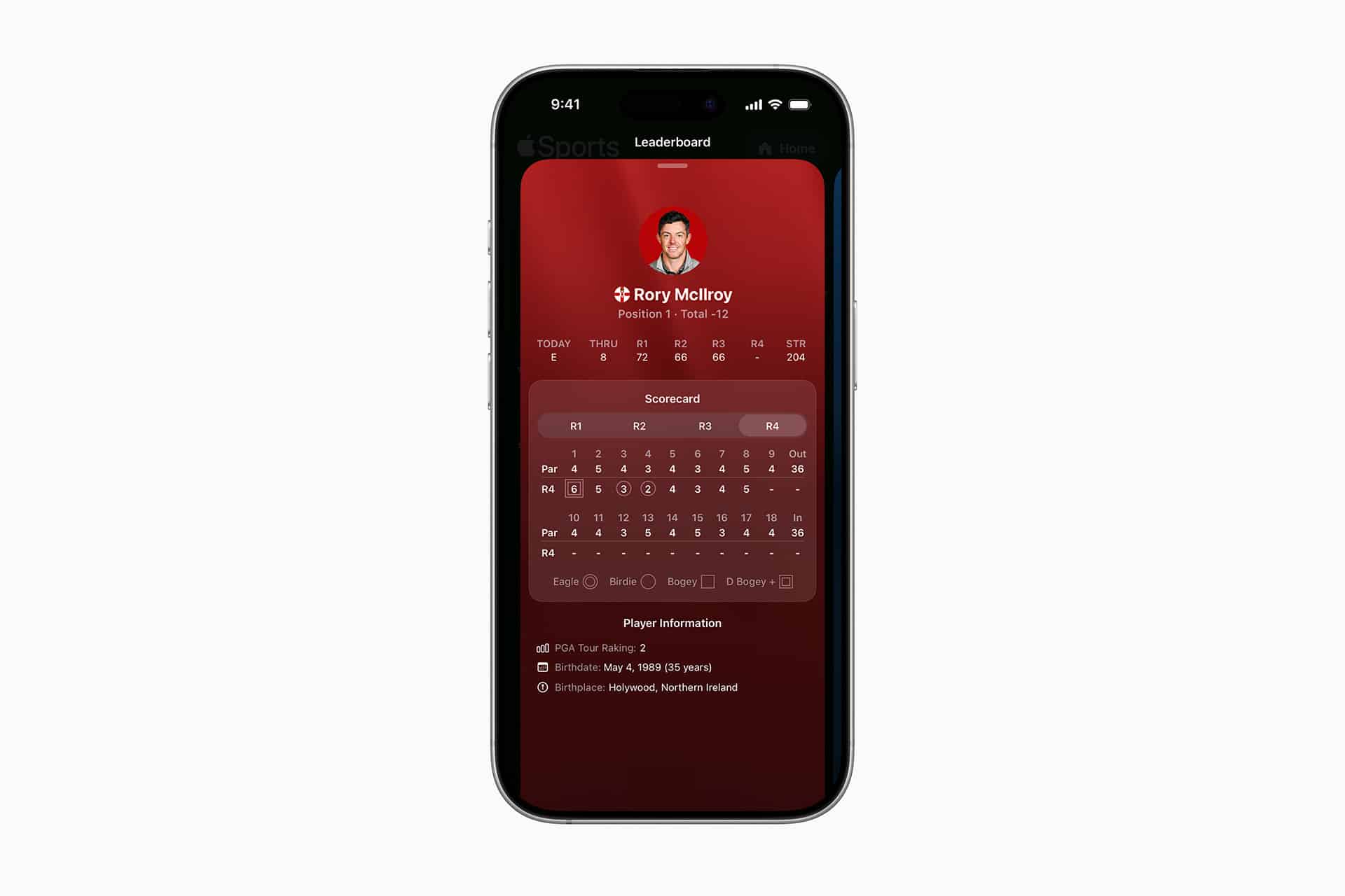 A smartphone displays the Apple Sports golf leaderboard app, featuring a player profile with photo, name, position, scorecard, and player information on a red background.