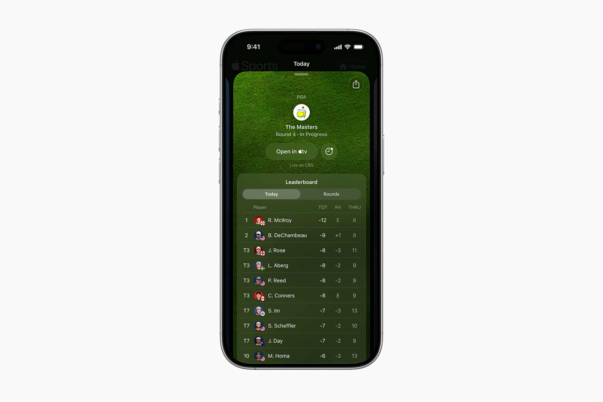 A smartphone displays a live golf leaderboard for The Masters tournament on Apple Sports, showing player rankings, scores, and progress. The screen features a green background with player names and scores listed in a vertical format.