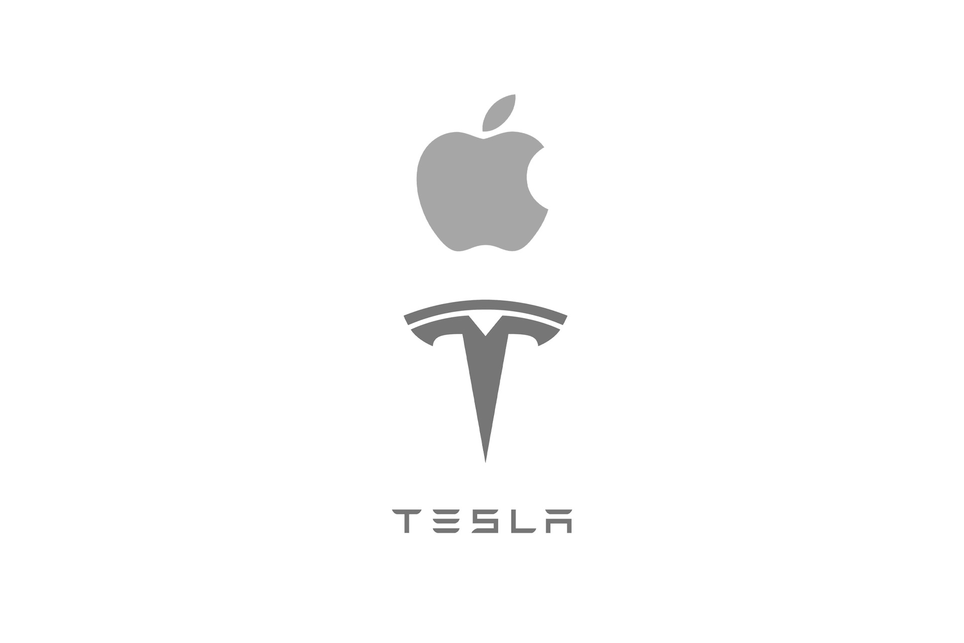 A gray Apple logo is positioned above the Tesla logo and the word "TESLA" in stylized text, all on a plain white background, symbolizing the innovative fusion of Apple and Tesla—a true apple on wheels.