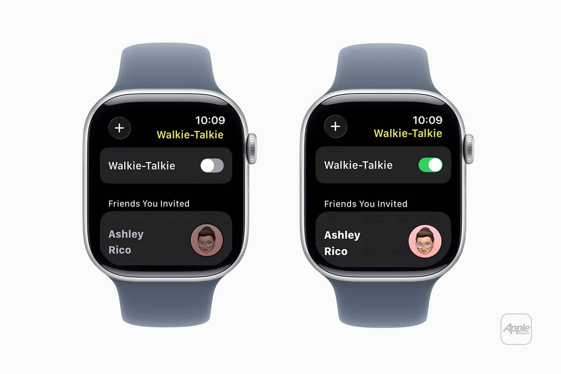 Two Apple Watches display the Walkie-Talkie app—one with the feature off, one on. Both Apple Watch screens show friends Ashley and Rico, with Rico’s profile picture visible.