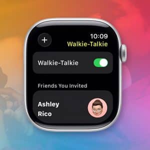 An Apple Watch screen displays the Walkie-Talkie app with the feature turned on and two invited friends, Ashley and Rico, set against a blurred, colorful background.