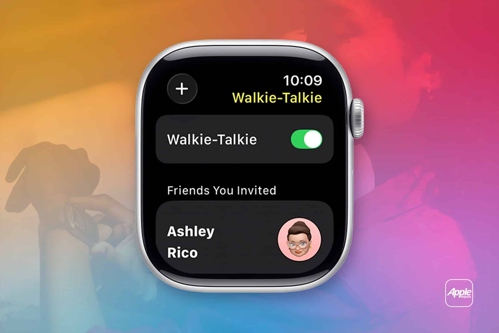 An Apple Watch screen displays the Walkie-Talkie app with the feature turned on and two invited friends, Ashley and Rico, set against a blurred, colorful background.