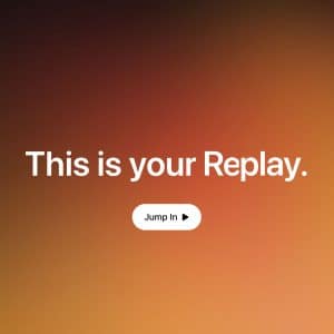 Apple Replay - A gradient background from dark brown to orange with white text in the center reading "This is your Apple Music Replay." Below is a white button labeled "Jump In." The Apple Music logo appears in the bottom right corner.