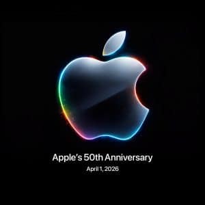 Apple 50th Anniversary - A glowing Apple logo with a colorful neon outline on a black background. Text below reads, “Apple 50 years anniversary, April 1, 2026.” A faint smaller Apple logo appears in the lower right corner.