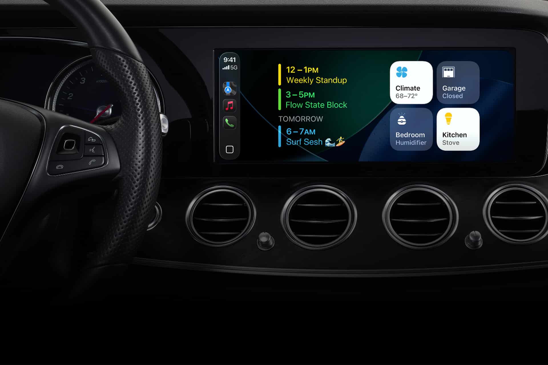 Close-up of a car dashboard display featuring Apple CarPlay smart home controls, a digital schedule, and climate settings next to the steering wheel. The screen showcases colorful icons and clear text.