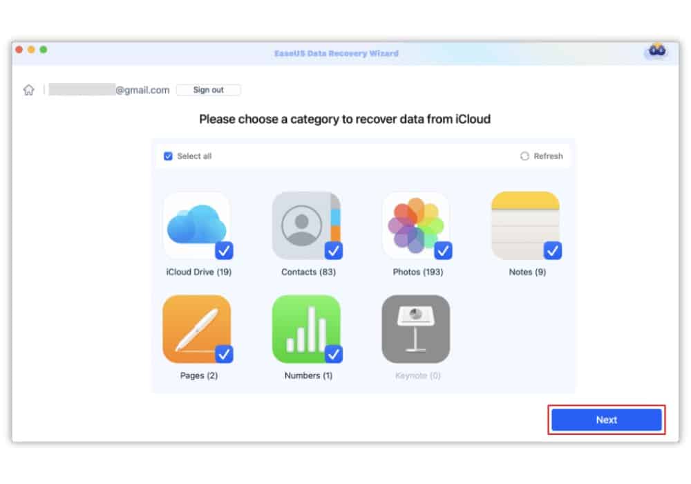 A computer screen displays the EaseUS Data Recovery Wizard interface for Mac. Categories to recover data from iCloud include iCloud Drive, Contacts, Photos, Notes, Pages, Numbers, and Keynote. The "Next" button is highlighted.