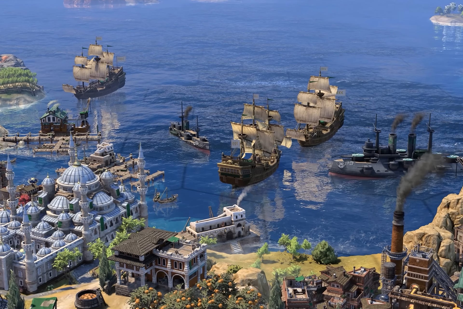 Several large wooden sailing ships and a modern battleship float near an ornate coastal city with domed buildings, surrounded by water and detailed architecture in a vibrant, animated Civilization VII style.