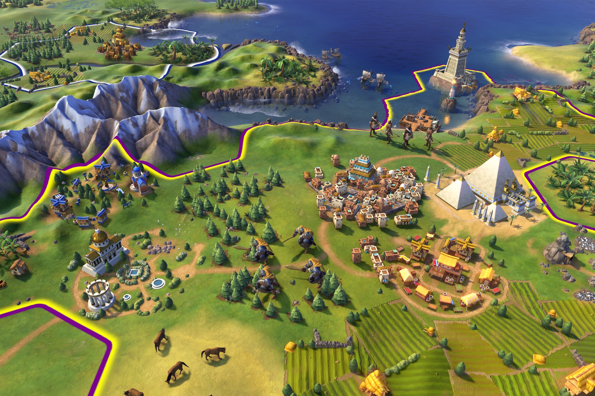 A colorful, top-down view of a city in Civilization VII, featuring farms, a pyramid, ancient buildings, mountains, horses, and a coastline with a lighthouse, all divided by colored boundary lines.