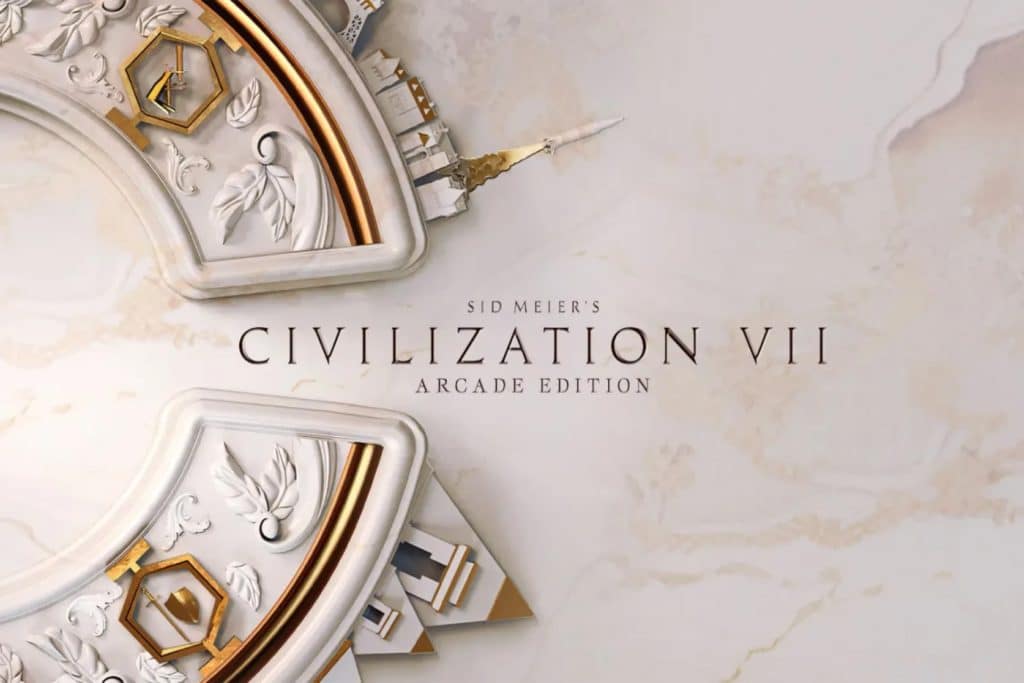 A decorative, marble-themed background with gold accents surrounds the text “Civilization VII Arcade Edition” in elegant font at the center.
