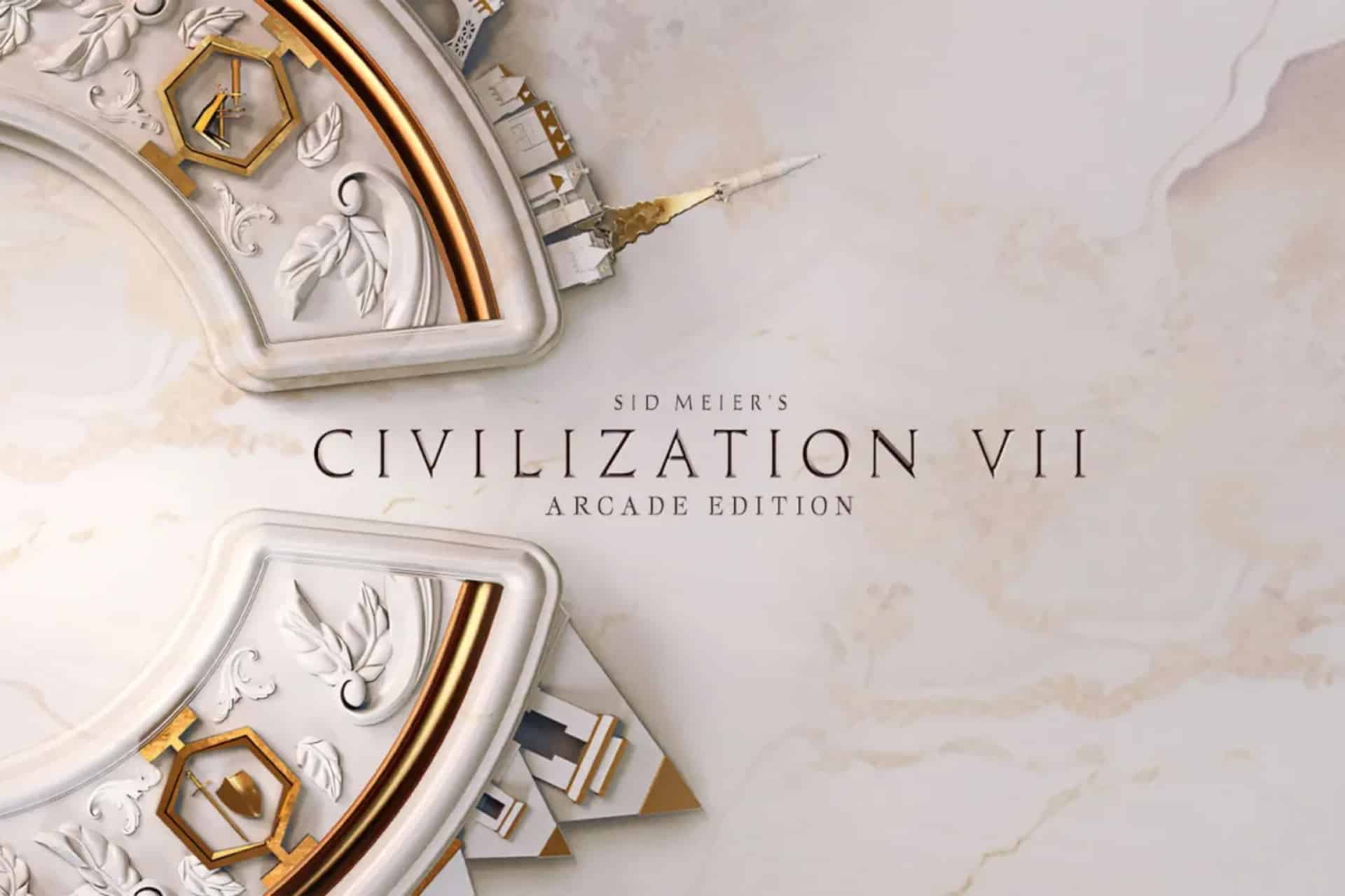 A decorative, marble-themed background with gold accents surrounds the text “Civilization VII Arcade Edition” in elegant font at the center.