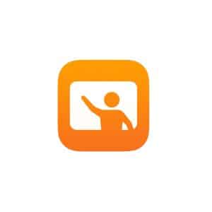 An orange rounded square icon with a simplified figure inside, raising one arm as if presenting in front of a screen or whiteboard—reminiscent of the Apple Classroom style—set against a white background.
