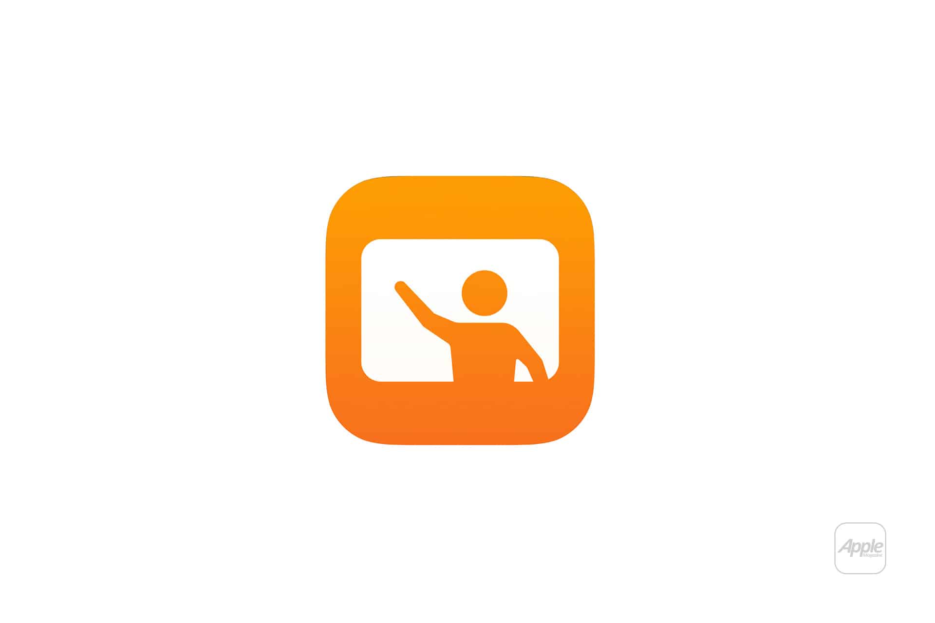 An orange rounded square icon with a simplified figure inside, raising one arm as if presenting in front of a screen or whiteboard—reminiscent of the Apple Classroom style—set against a white background.