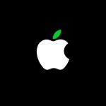 A white apple logo with a green leaf on a black background. In the bottom right corner, a small rounded rectangle displays "Apple"—a nod to Apple Device Recycling and sustainable practices.