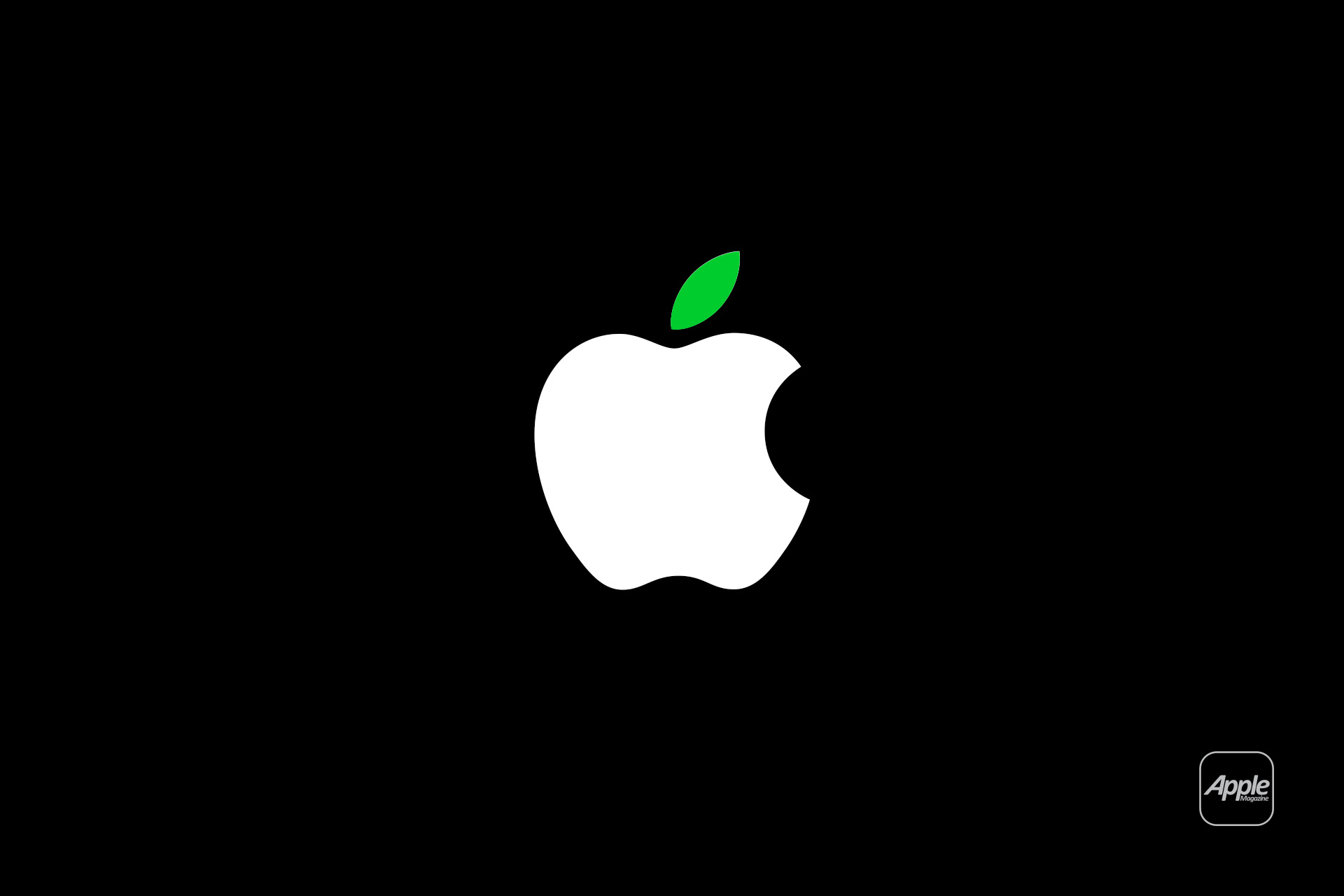 A white apple logo with a green leaf on a black background. In the bottom right corner, a small rounded rectangle displays "Apple"—a nod to Apple Device Recycling and sustainable practices.