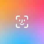 White Apple Face ID App Lock icon centered on a vibrant gradient background transitioning from yellow and orange (top left) to pink and red (top right), with blue and purple hues at the bottom. Small Apple logo at bottom right.