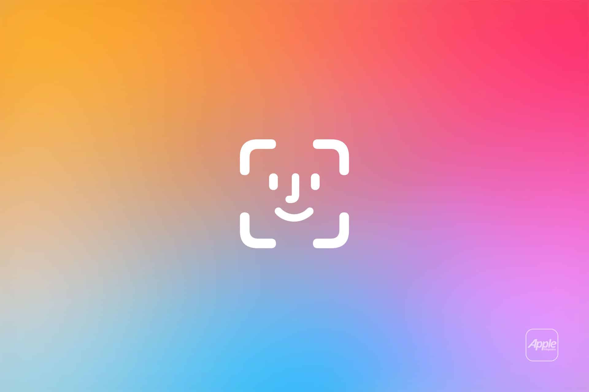 White Apple Face ID App Lock icon centered on a vibrant gradient background transitioning from yellow and orange (top left) to pink and red (top right), with blue and purple hues at the bottom. Small Apple logo at bottom right.