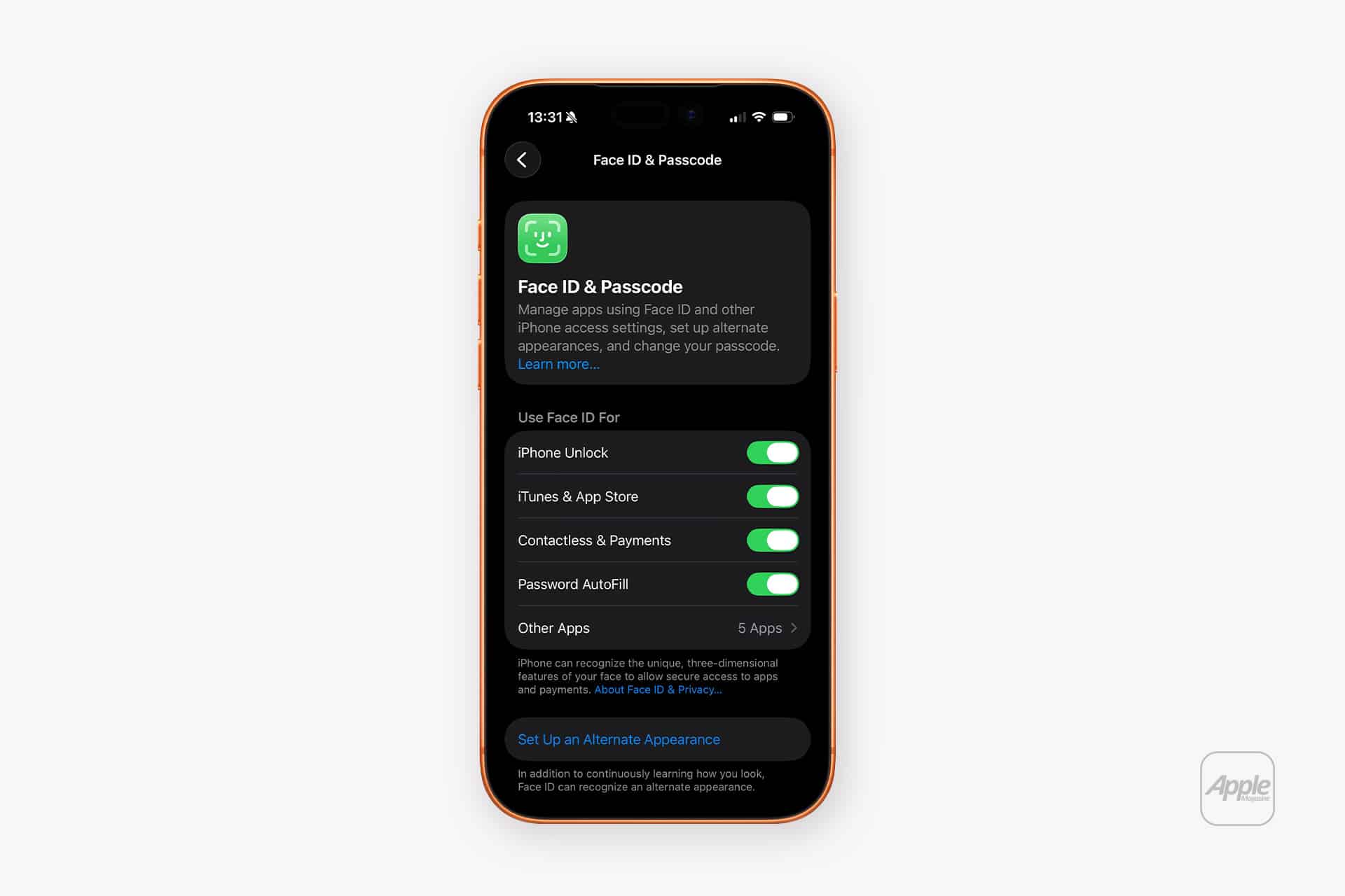 A smartphone screen displays Face ID & Passcode settings, with all toggles—like Face ID App Lock for iPhone Unlock, iTunes & App Store, Contactless & Payments, Password Autofill, and Other Apps—switched on.
