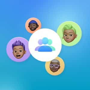 Illustration of four diverse cartoon faces in colorful circles surrounding a central icon of three people on a blue background, highlighting Blended Family Sharing, with a small Apple logo in the bottom right corner.