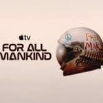 A helmet with "FREE MARS" graffiti and peace signs sits beside the Apple TV+ logo and "For All Mankind," capturing the rebellious spirit of the For All Mankind series against a light background.