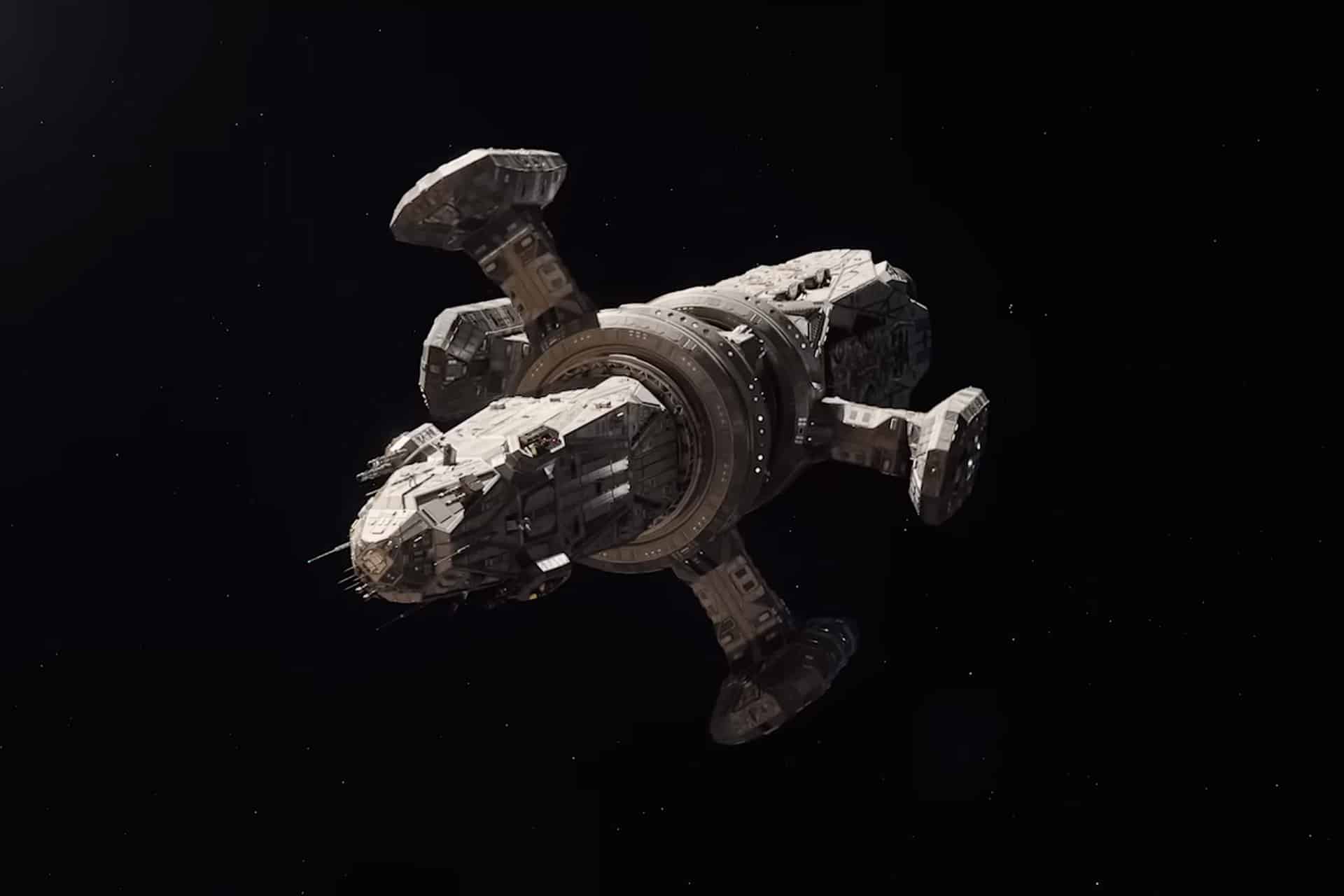 A large, futuristic spaceship with four extended modules or arms floats in the darkness of outer space, reminiscent of For All Mankind. The black background is dotted with tiny white stars scattered throughout.