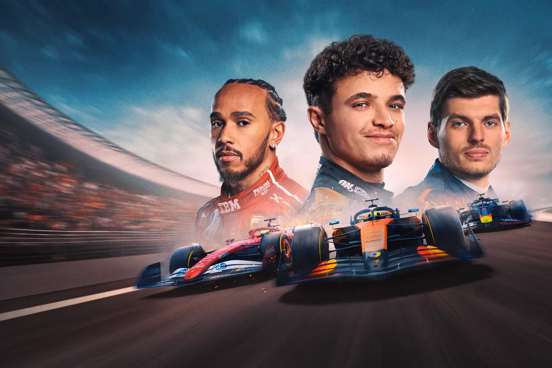 Apple TV records - Three Formula 1 drivers stand side by side, with race cars speeding on a blurred racetrack beneath them. The background features stadium lights and a dramatic sky, capturing the excitement of Apple TV F1 coverage.