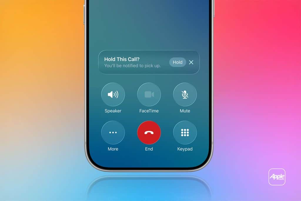 A smartphone screen displays an active call with options like speaker, FaceTime, mute, more, end, and keypad. A colorful gradient background is visible as a Hold Assist Detection notification says, “Hold This Call? You’ll be notified to pick up.”.