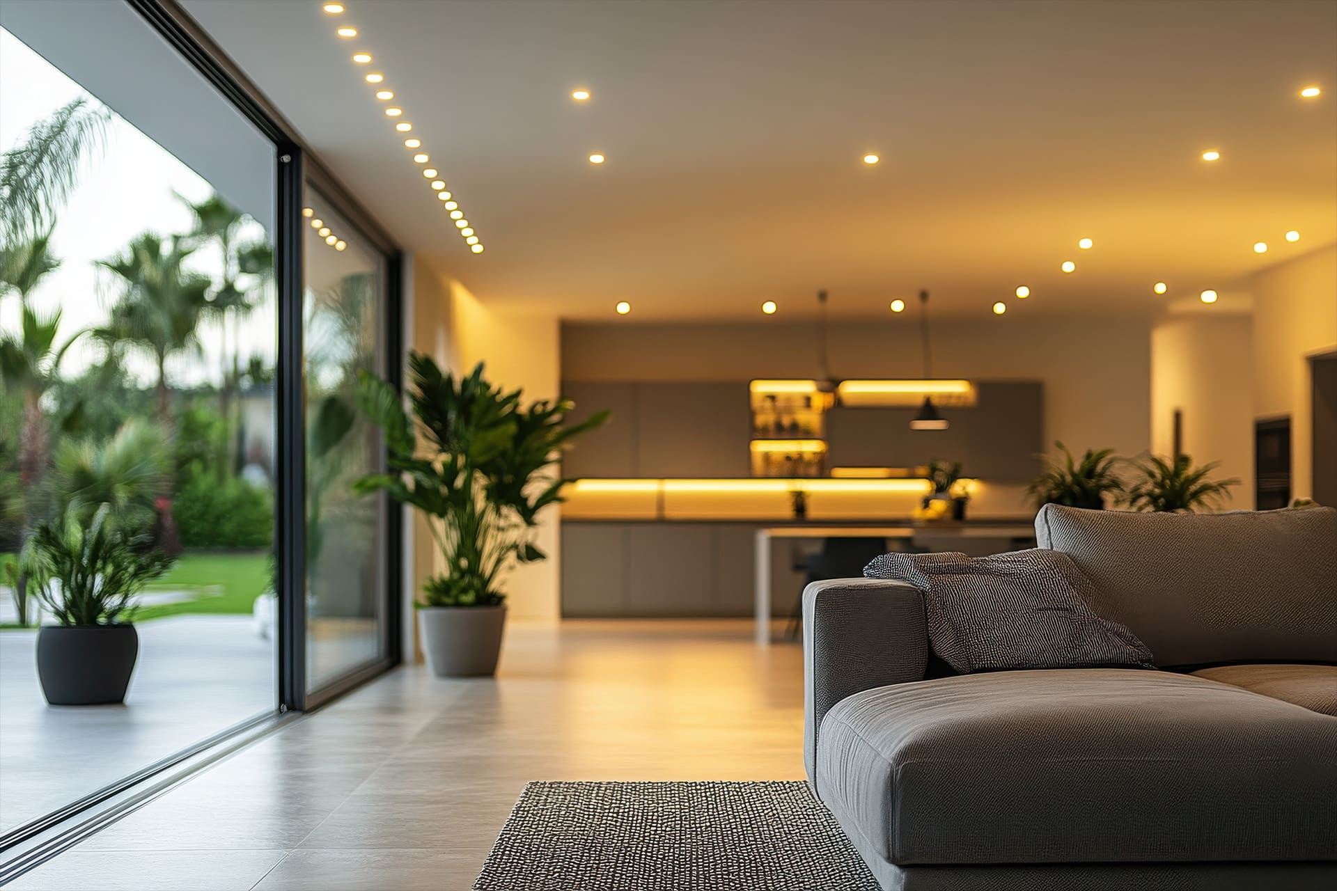 A modern, open-plan living room with large sliding glass doors leading to a garden. Enjoy music throughout the space with Apple AirPlay Multiroom, complementing the gray sofa, potted plants, warm lighting, and sleek kitchen.