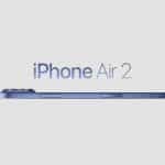 A thin, blue iPhone Air 2 is viewed from the side with the device’s name displayed above it on a light gray background.