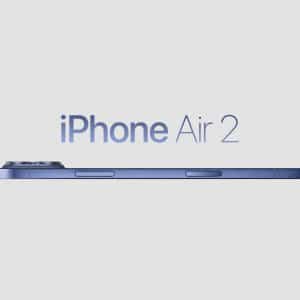A thin, blue iPhone Air 2 is viewed from the side with the device’s name displayed above it on a light gray background.