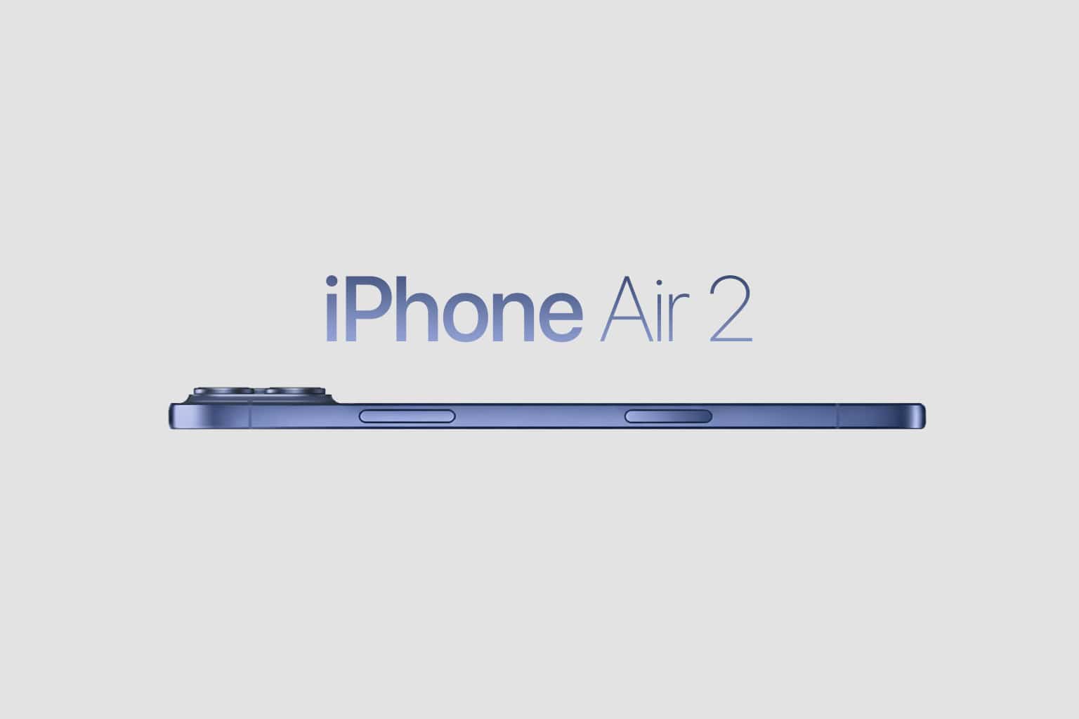 A thin, blue iPhone Air 2 is viewed from the side with the device’s name displayed above it on a light gray background.